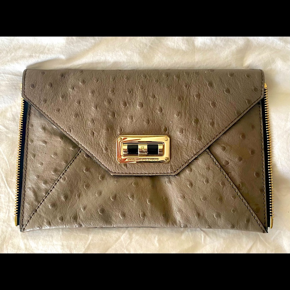 Diane Von Furstenberg taupe ostrich clutch